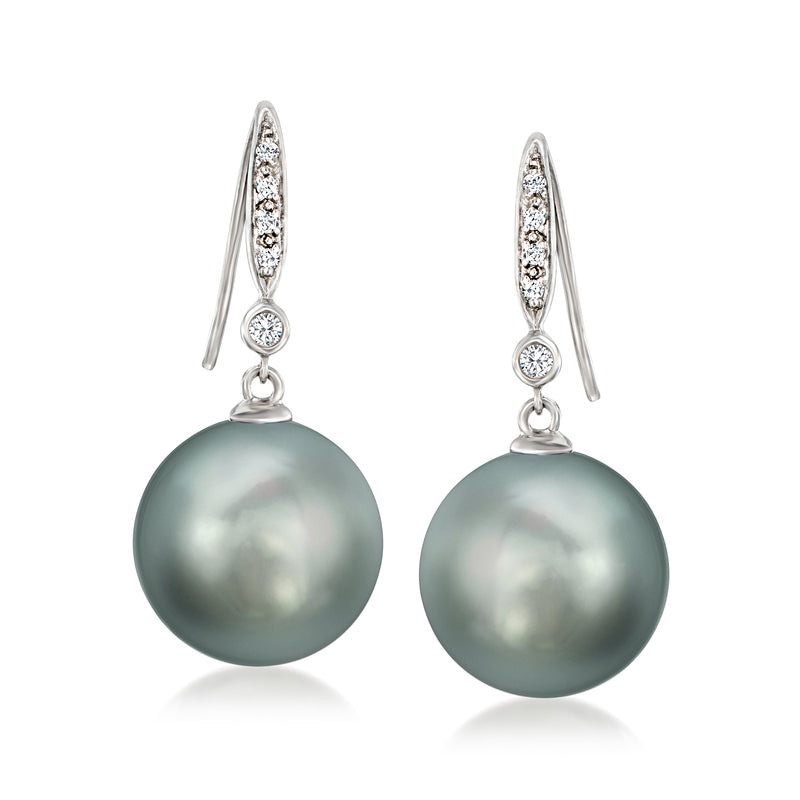 Round dark pearl drop earrings in 14kt white gold, with jeweled oval accents