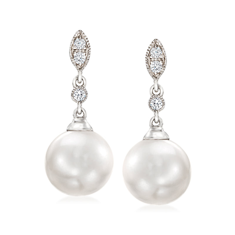 Cultured pearl drop earrings with diamond accents, post backs, 14kt white gold