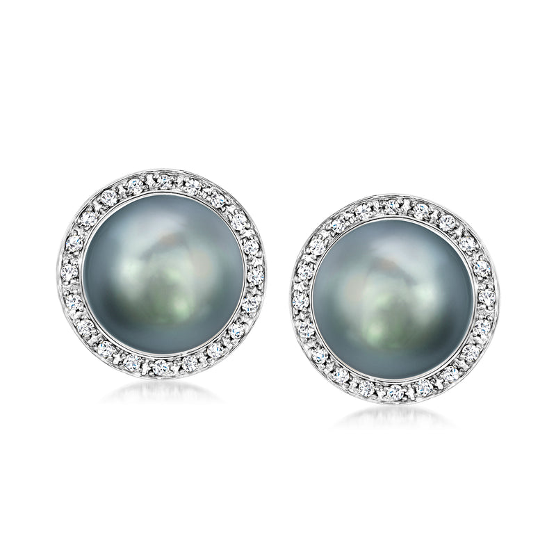 Tahitian pearl stud earrings with diamond halo in 14kt white gold, post backs