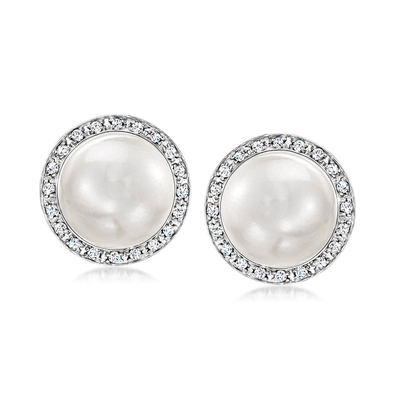 Cultured pearl halo stud earrings in white metal, round pearl with diamond surround