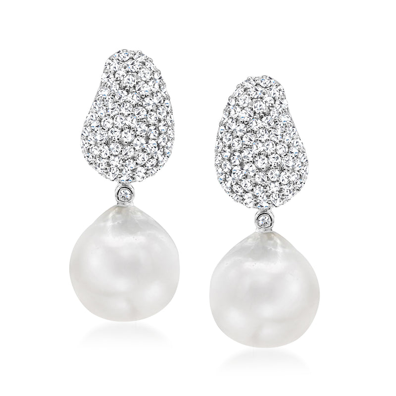 Cultured pearl and diamond drop post earrings in white gold, with round white pearl