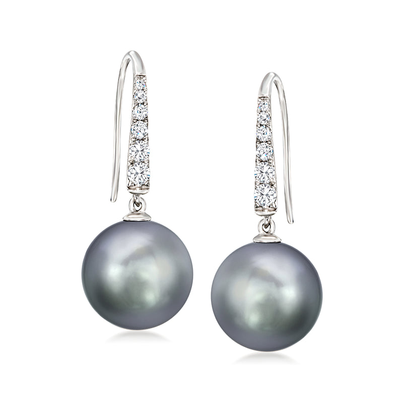 Black cultured pearl drop earrings with diamond accents in white gold