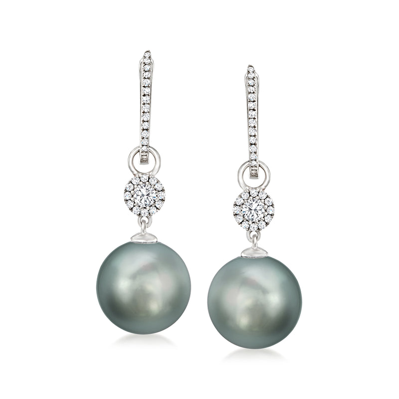 White gold diamond drop earrings with round dark gray cultured pearl, dangle design