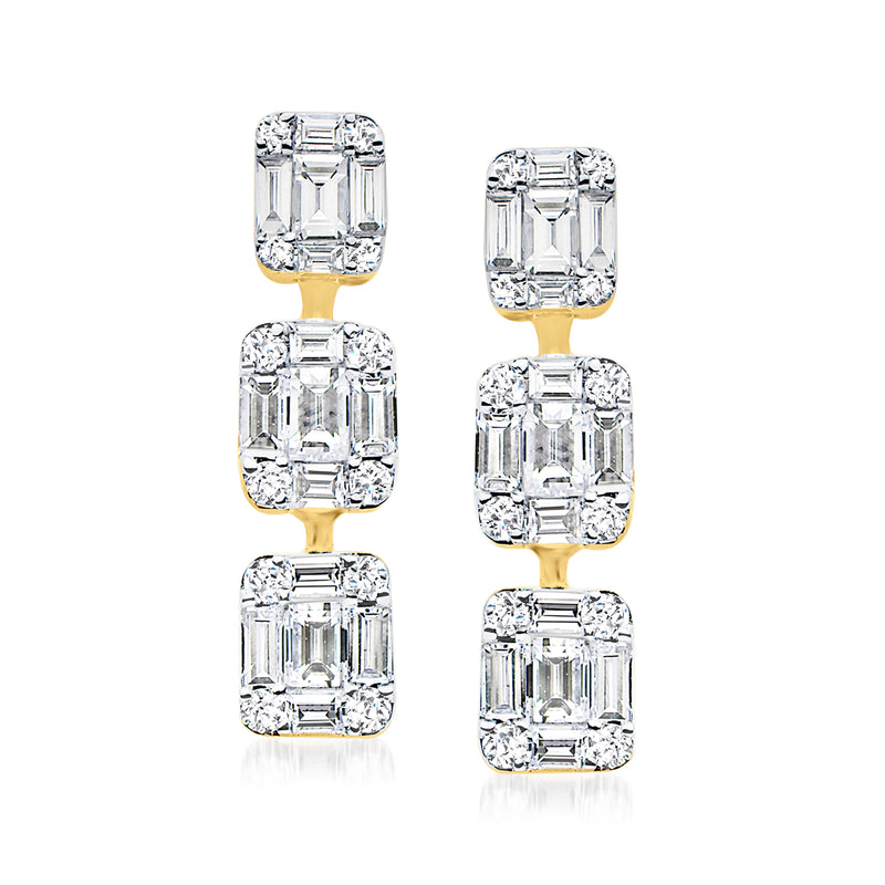 18kt yellow gold diamond drop post earrings, three emerald-cut diamond tiers