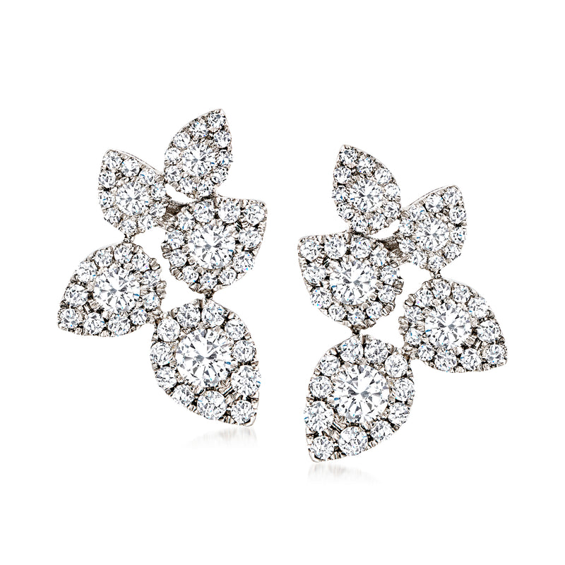 18kt white gold diamond floral stud earrings, clustered bow-shaped petals