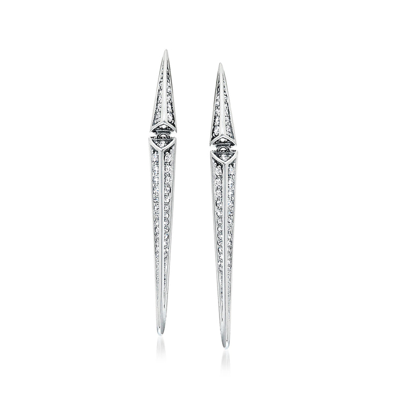 Triangular diamond drop post earrings in 18kt white gold with pave detailing