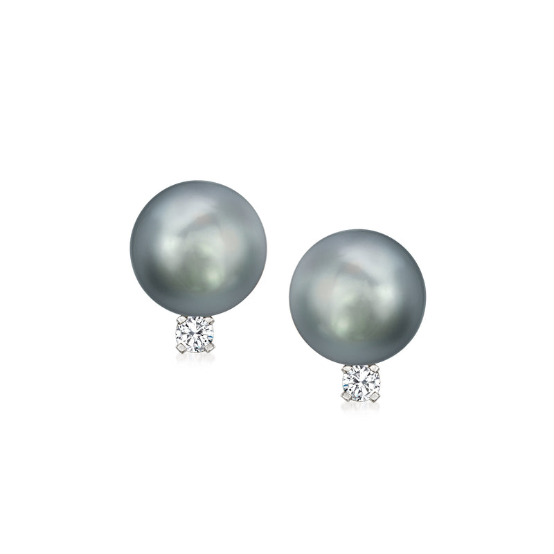 Stud earrings with dark cultured pearl and small round diamond cluster, set in white gold