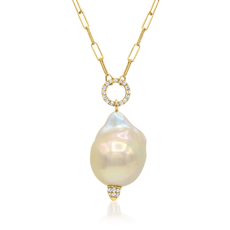 18kt yellow gold paper-clip chain necklace with baroque pearl teardrop pendant
