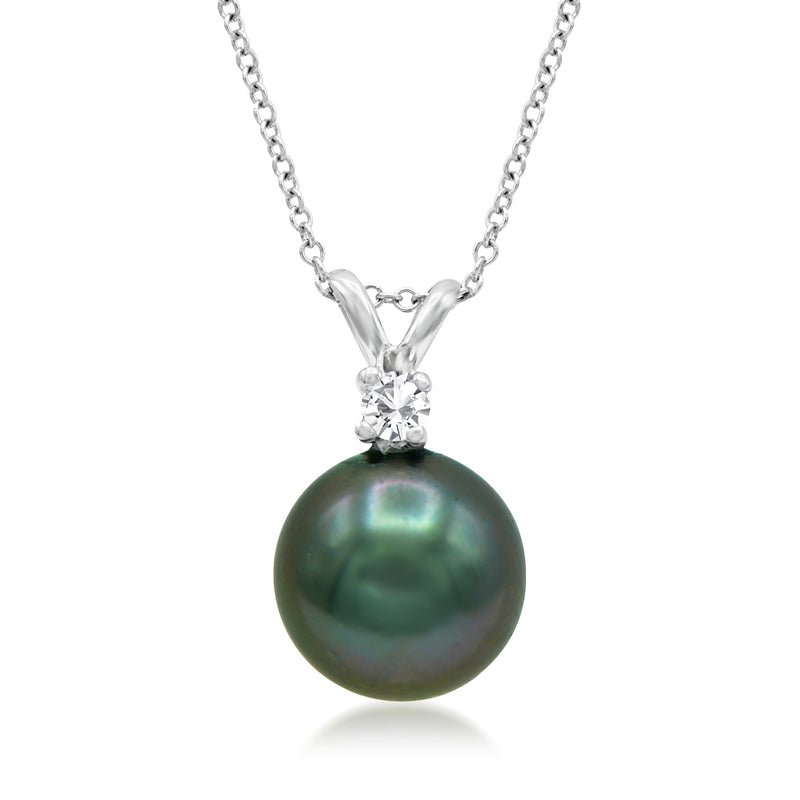 Black Tahitian pearl pendant necklace with diamond setting in white gold, silver chain