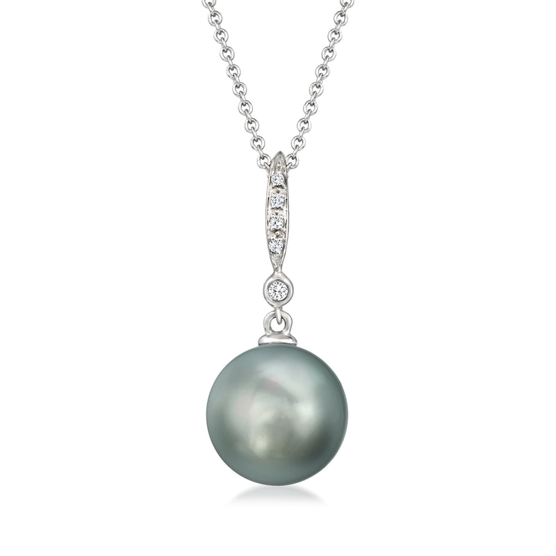Gray round cultured pearl pendant with diamond accents on white gold chain