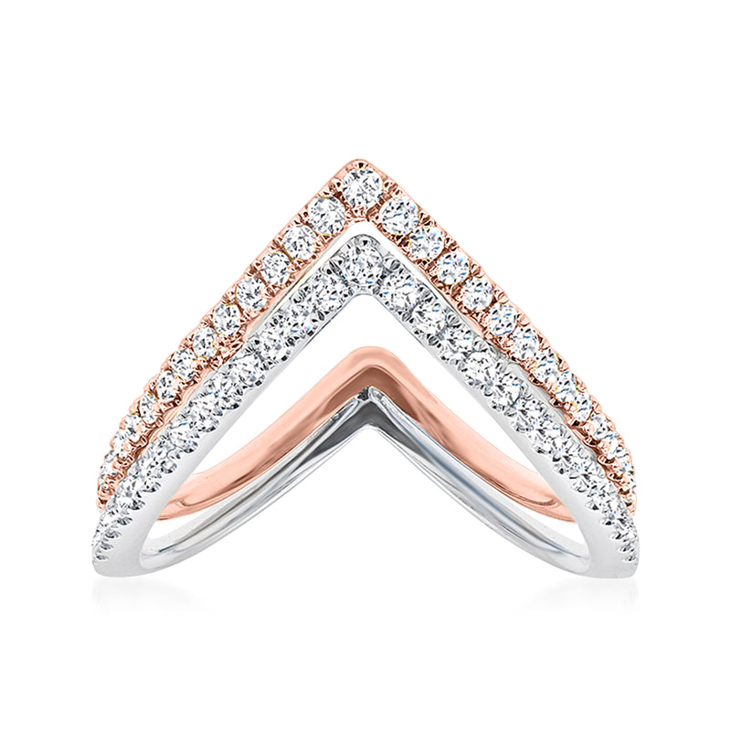 Two-tone chevron diamond ring with rose-gold and white-gold borders, round-cut stones