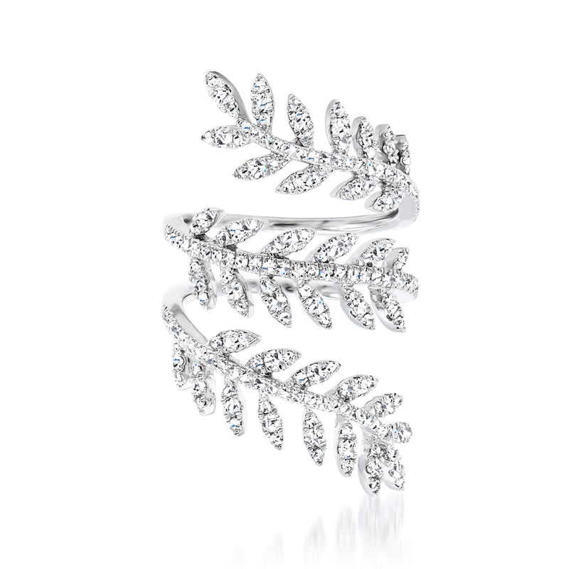 18k white gold diamond leaf spiral ring with marquise and round stones, full band