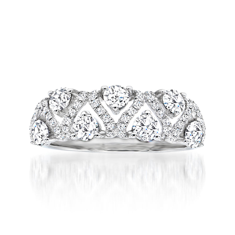 18kt white gold diamond open-space chevron ring with five pear-cut stones