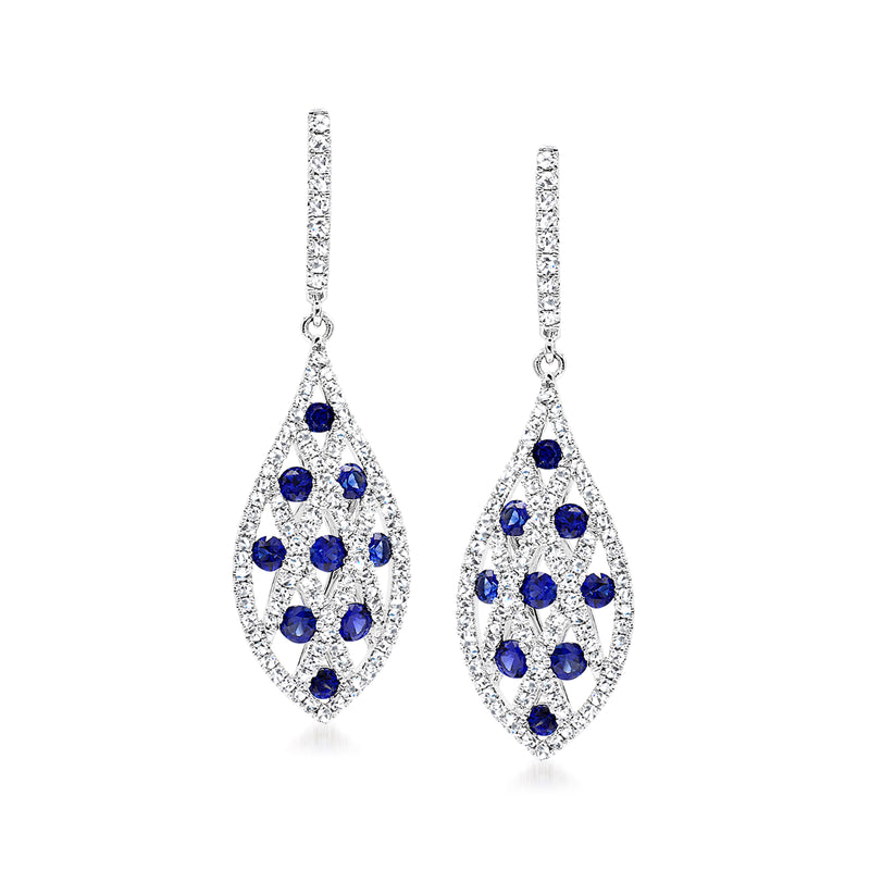 White gold sapphire and diamond drop earrings with teardrop design
