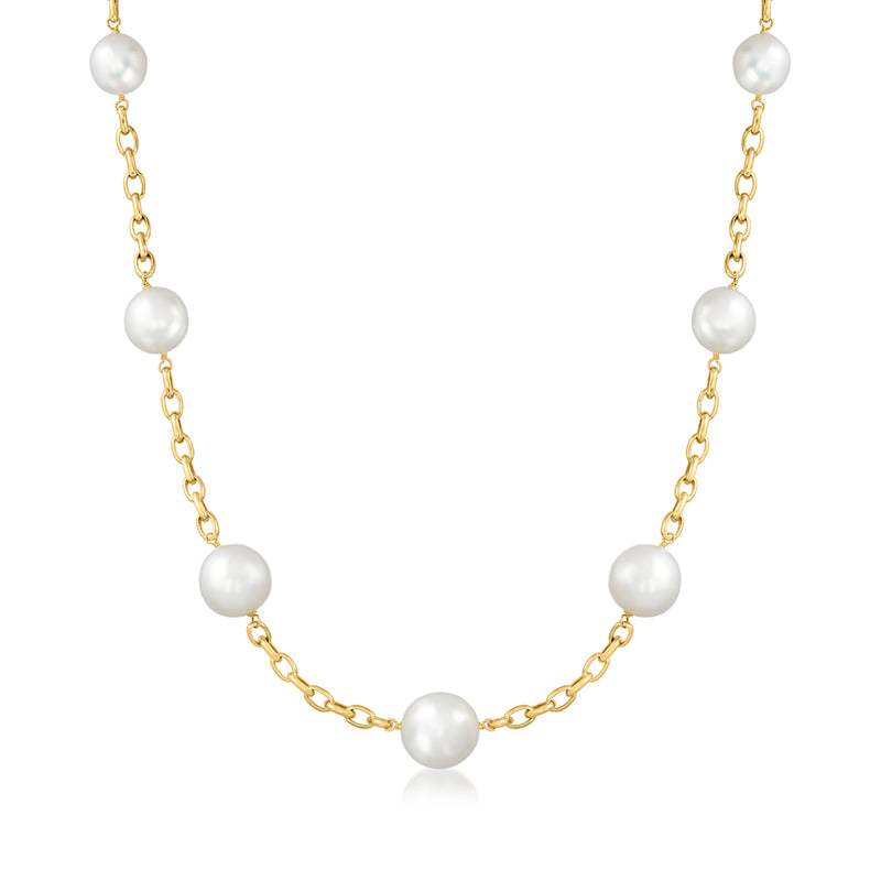 14kt yellow gold pearl station necklace, round white cultured South Sea pearls