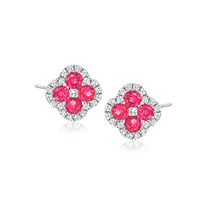 Ruby and diamond quatrefoil stud earrings in 14k white gold with post backs