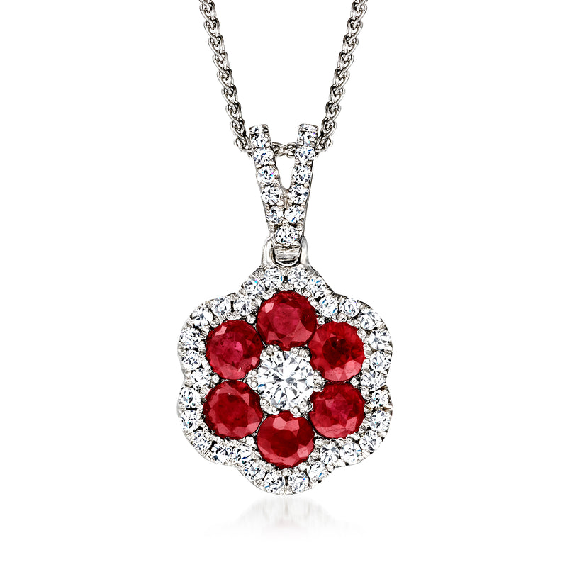 White gold flower pendant necklace with red ruby center and diamond halo