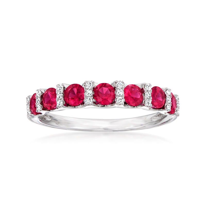14kt white gold ruby and diamond ring with alternating round red stones and white accents