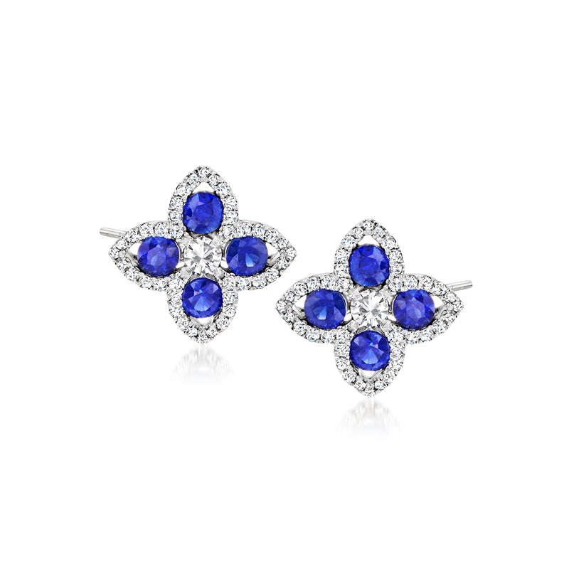 14kt white gold flower sapphire and diamond post earrings with blue stones
