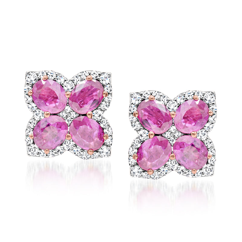 14kt rose gold pink sapphire flower stud earrings with diamond halos