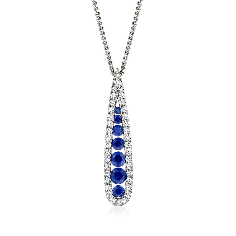 14kt white gold linear pendant necklace with blue sapphire and diamond accents