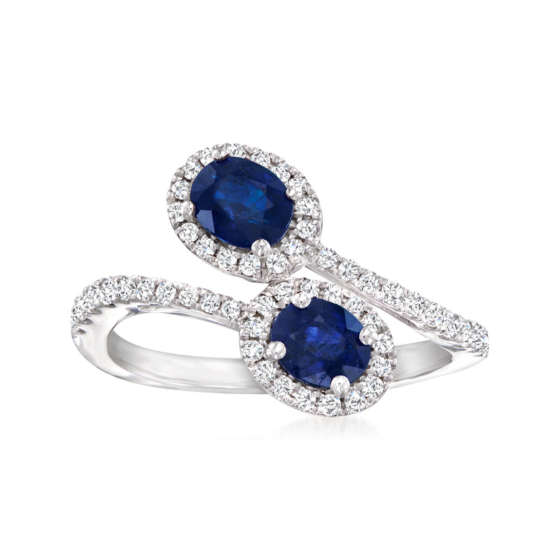 14kt white gold bypass ring with oval sapphire and diamond halos
