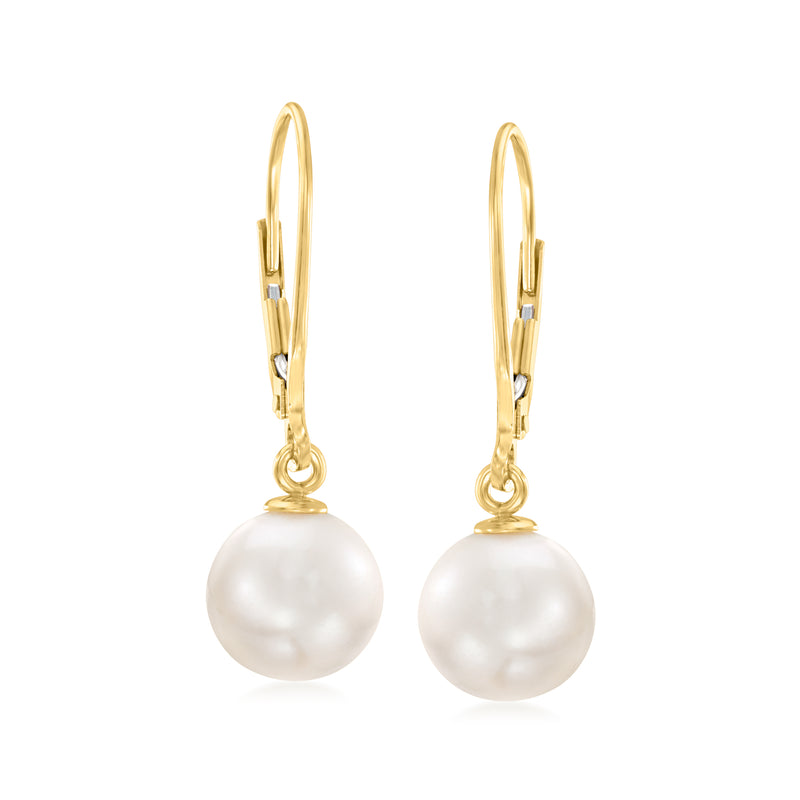 14kt yellow gold leverback drop earrings with round white cultured pearls