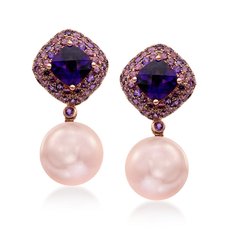 Rose gold stud drop earrings with purple gemstone cluster and pink cultured pearl