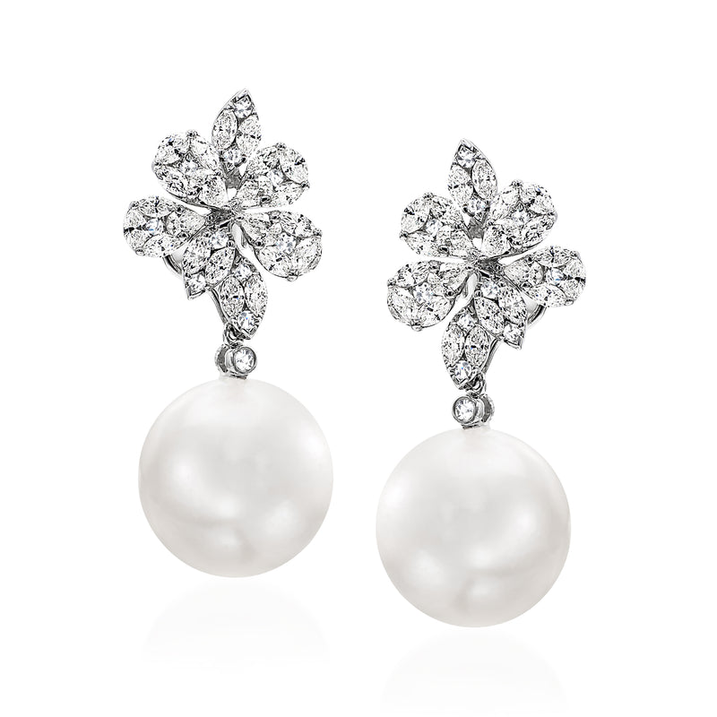 Floral diamond and South Sea pearl drop earrings in 18kt white gold, round pearl drops