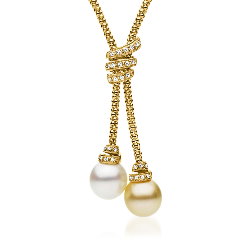 18kt yellow gold lariat necklace with golden and white cultured pearls and diamond accents