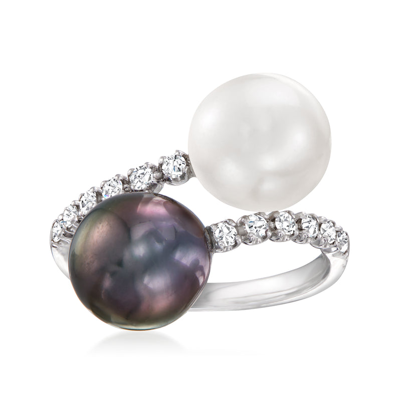 18k white gold bypass pearl ring with white and dark pearls, surrounded by round diamonds