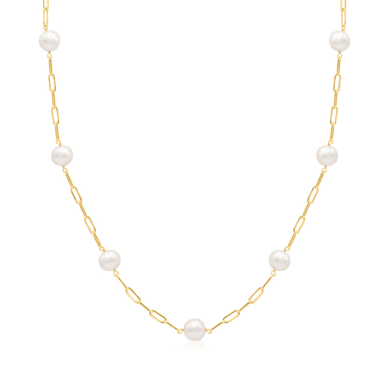 14kt yellow gold link chain necklace with round cultured pearl stations
