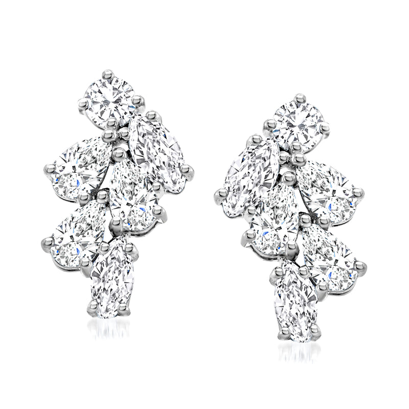 14kt white gold diamond cluster stud earrings with round stones, post backs