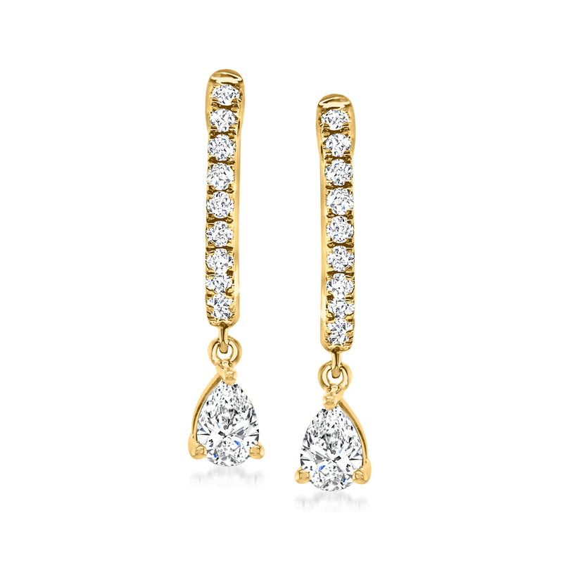 14kt yellow gold diamond hoop drop earrings with pear-shaped dangling stones