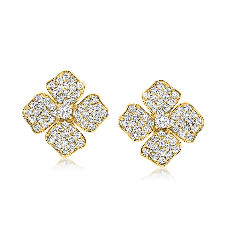 14kt yellow gold diamond flower stud earrings, round cluster design