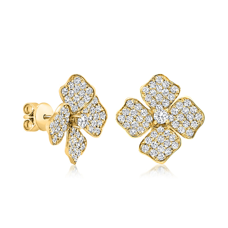 14kt yellow gold diamond flower stud earrings with butterfly post, round cluster design