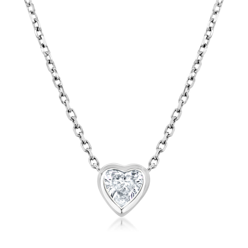 14kt white gold heart solitaire diamond necklace with round-cut center stone
