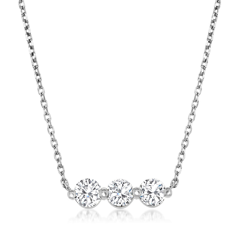14kt white gold diamond bar necklace with three round diamonds