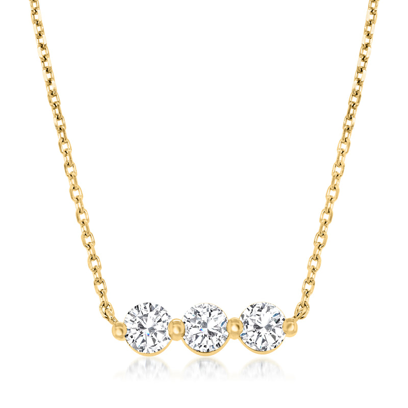 14kt yellow gold diamond bar necklace with three round white diamonds