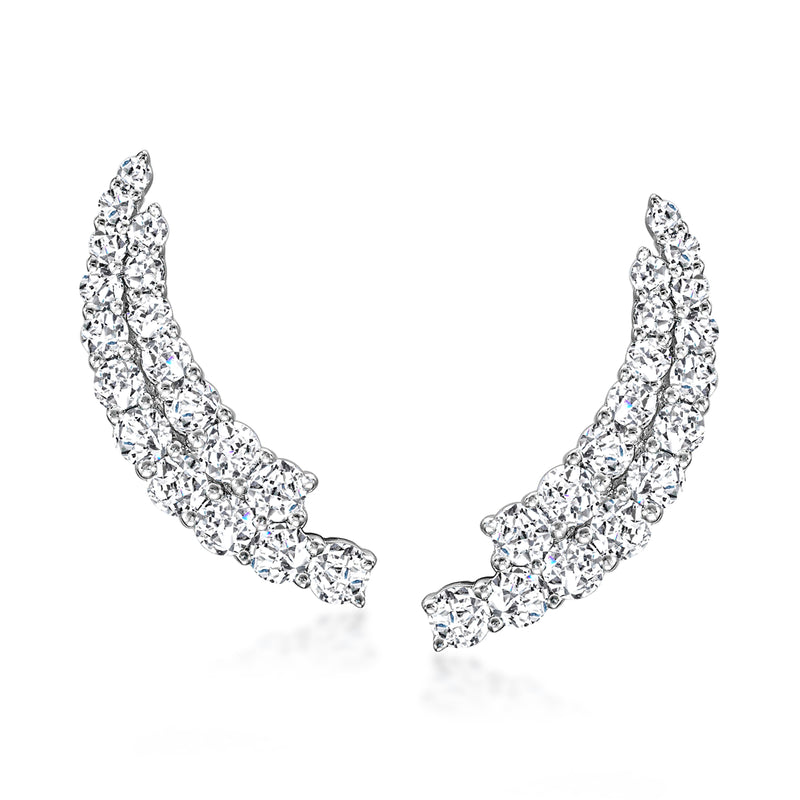 Curved two-row diamond ear climber stud earrings, white gold, post backs