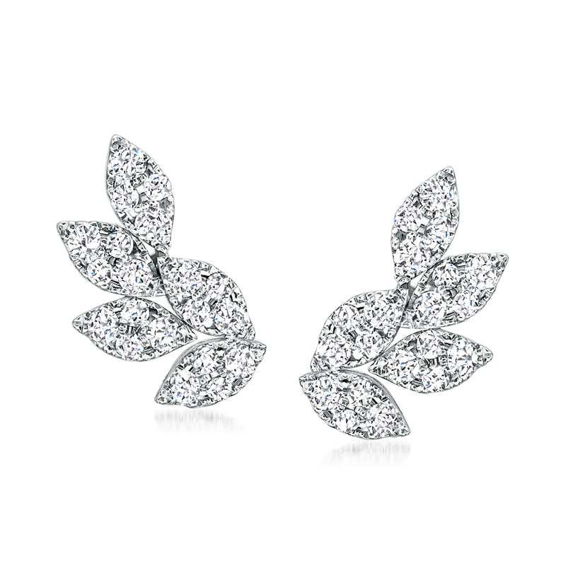 14kt white gold diamond leaf cluster stud earrings, post backs