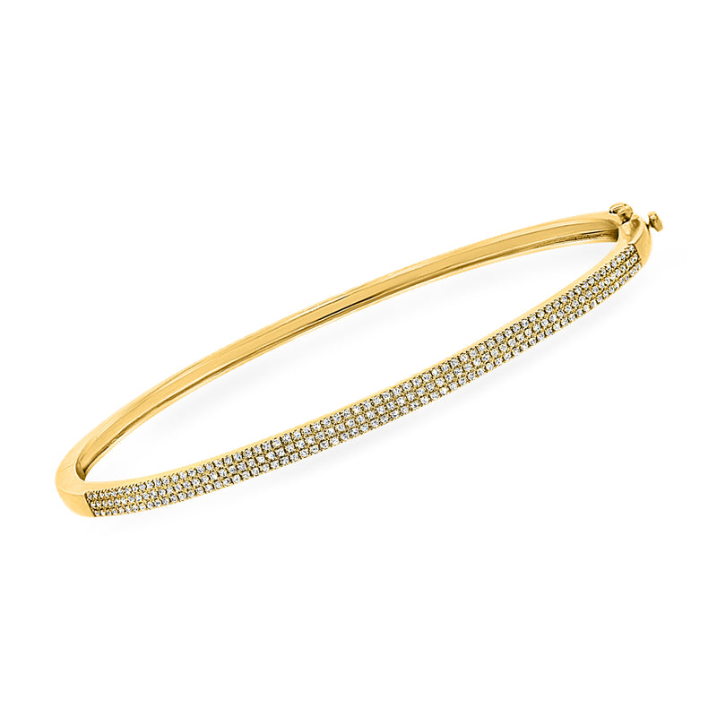 14kt yellow gold three-row diamond bangle bracelet, hinged open oval with sparkle band