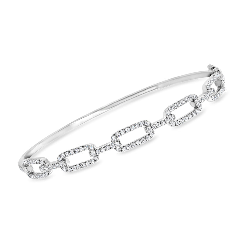 14kt white gold diamond paper clip link bangle bracelet with pave stones