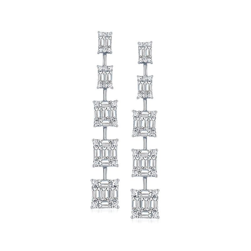 Diamond cluster drop earrings in 14kt white gold with rectangular-cut stone rows
