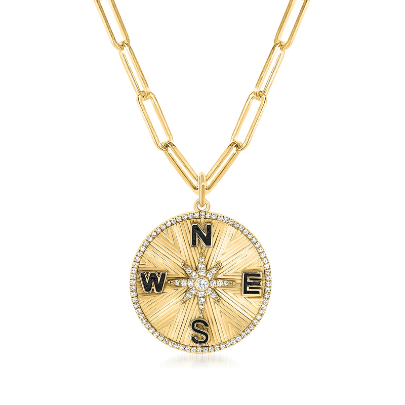 14kt yellow gold compass paper clip necklace with diamond bezel and black enamel N W E S