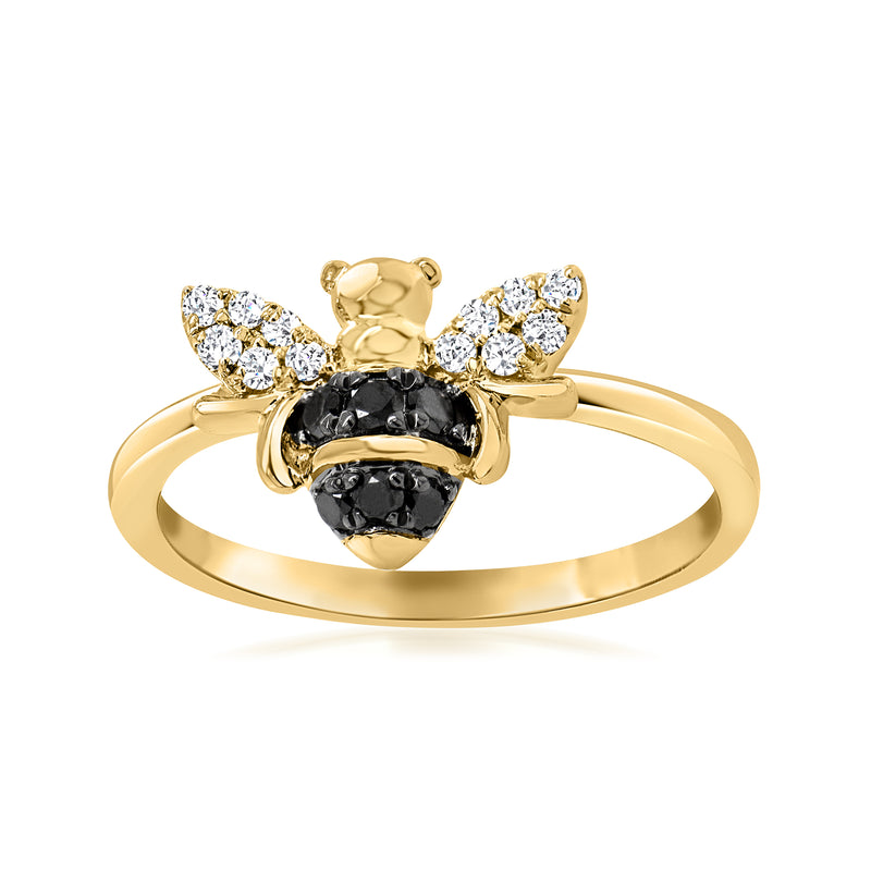 14kt yellow gold bumblebee ring, black center with white diamond wings