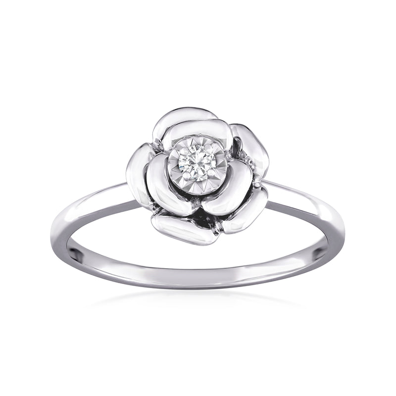 Sterling silver rose ring with round diamond center and petal bezel setting