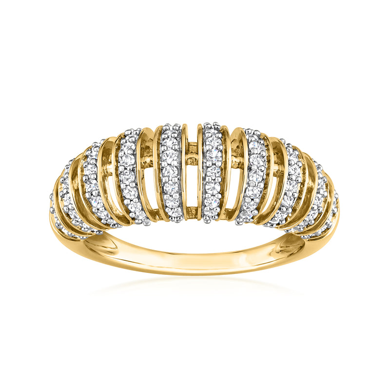 14kt yellow gold open-space diamond ring with three diamond-set arch bands