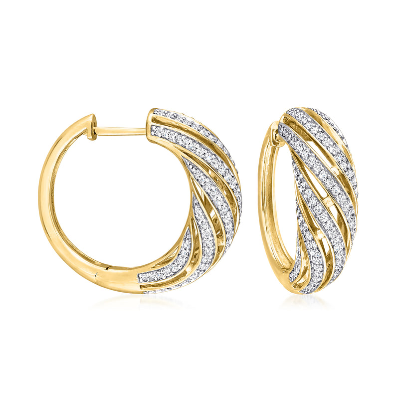 14kt yellow gold diamond swirl hoop earrings with open-space pattern
