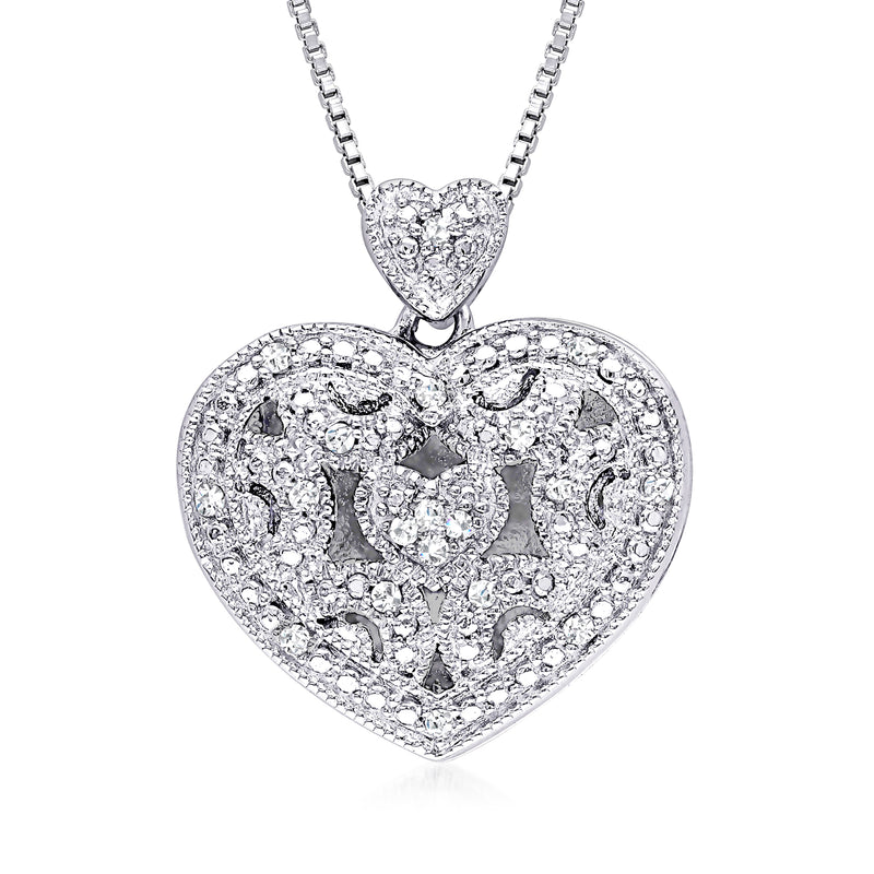 Sterling silver heart locket necklace with diamond-accented milgrain texture